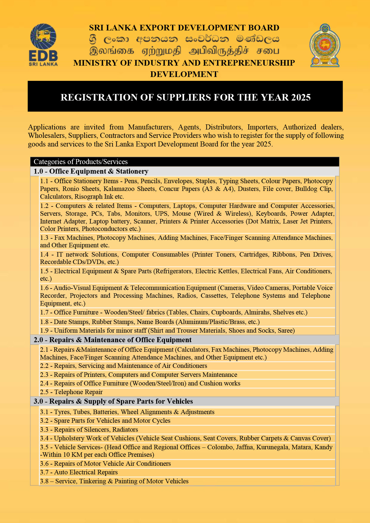 REGISTRATION OF SUPPLIERS FOR THE YEAR 2025